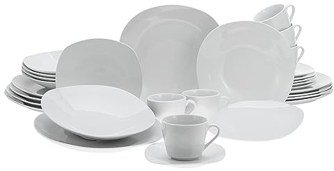 CreaTable, 18028, Serie Square Weiss, 30-teiliges Geschirrset für 6 Personen, Kombiservice aus Porzellan, spülmaschinen- und mikrowellengeeignet, Qualitätsproduktion