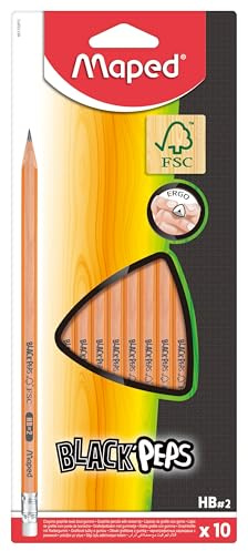 Maped - Crayons Graphite Black’Peps - Crayons à Papier HB Embout Gomme - Ergonomique - Triangulaire - Lot de 10 Crayons Papier HB