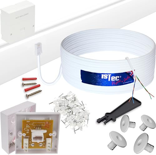 1STec 50m DIY BT Openreach Phone/ADSL Fibre Broadband Kit with Solid Core Twisted Pair Cable + Plug + 2/3a Surface Mount Wall Box + Grommets + Clips + Screws + Instructions (50 Metre, White)