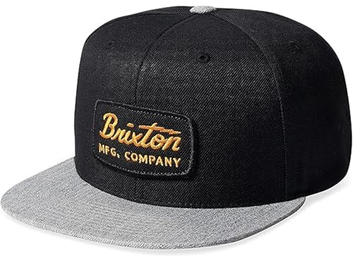 Brixton Jolt Snapback – Medium Profile Hat with Adjustable Closure, Flat Bill & Front Embroidered Felt Patch – Black & Light Heather Grey, One Size