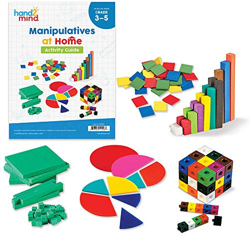 Learning Resources Kit de recursos de matemáticas para llevar a casa (de 8 a 10 años), incluyen cubos encajables, bloques de base diez, círculos con ángulos y fichas de colores.