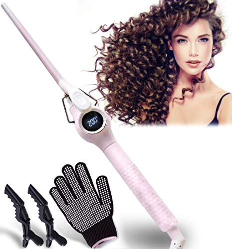 Dee Banna - Ferro arricciacapelli da 9 mm, in ceramica tormalina, con display temperatura regolabile (140 ℃ -200 ℃), bacchette sottili per capelli lunghi e corti, contiene 1 guanto e 2 clip