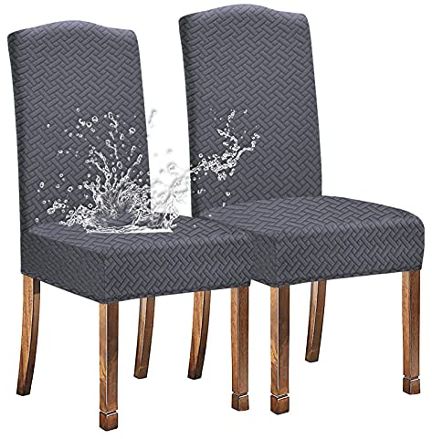 KELUINA Stretch wasserdichte Jacquard mit langem Gitter Esszimmer Stuhlhussen Home Decor, Stuhlhussen für Esszimmerstühle(Grau,2 Stück)
