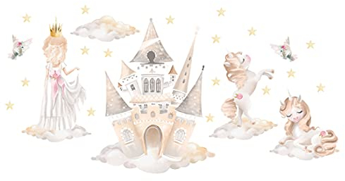 Osomhome Wandtattoo Kinderzimmer Mädchen Prinzessin (180x90 cm) | Kinderzimmer Deko Babyzimmer Wanddeko | Wandaufkleber Wandbild Kinderbilder Wandsticker | Castle, Burg, Einhorn os6201