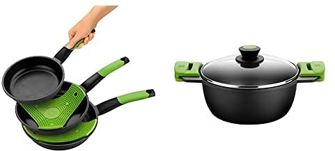 BRA Prior - Set De 3 Sartenes, Aluminio Fundido Antiadherente, Incluye Dos Salvamanteles Safe Verdes + Prior Cacerola Alta Con Tapa De Cristal Y Asas De Silicona, 24 Cm