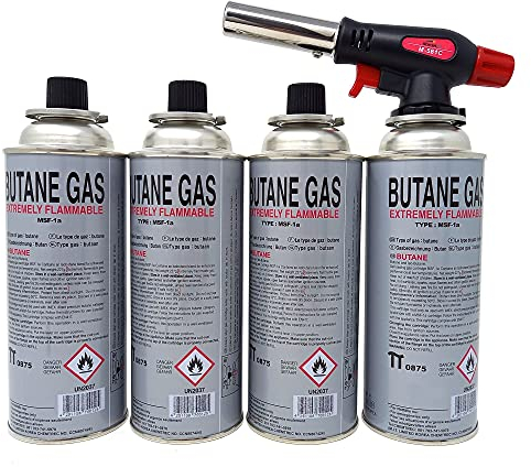 Quemador de Gas con 4 Cartuchos de 227 g, Soplete con Encendido Piezoeléctrico de Butano 1300 °C para Crema Brulee, Camping y Soldadura
