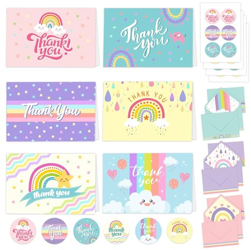 24 cartes de remerciement arc-en-ciel avec enveloppes – 6 motifs de cartes de remerciement pour enfants avec enveloppes pour enfants, cartes de remerciement d'anniversaire pour enfants, cartes de