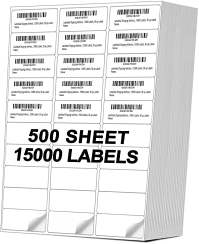 Labelebal Address Labels (15,000/500 Sheets) - 1 x 2-5/8 Mailing Labels, 30 UP Shipping Sticker for Laser and Inkjet Printers