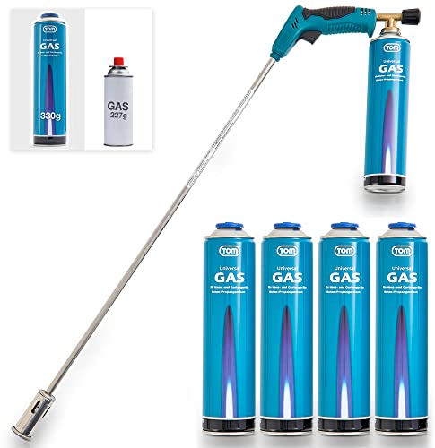 TOM Gas Unkrautbrenner Set + 4 x 330 g Universal Gasflasche mit Schraubgewinde 600 ml – Abflämmgerät ideal zur Unkrautvernichtung auf Pflastersteinen, Gehwege, Pflasterfugen. Grillanzünder, Blau