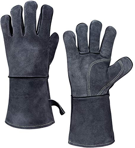 OZERO Guanti in pelle per barbecue, resistenti al calore e ignifughi, guanti da saldatura, guanti da camino, guanti da griglia, guanti da barbecue