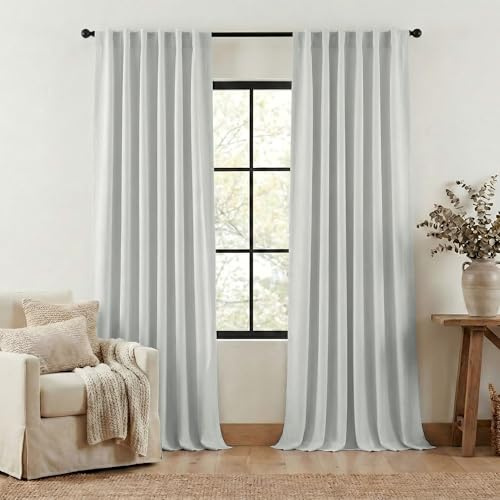 NICETOWN Faux Linen Room Darkening Living Room Curtains, Pinch Pleated Curtains Thick Linen Blend Thermal Insulated Noise Reducing Window Drapes for Bedroom, Greyish White, W50 x 96, Set of 2