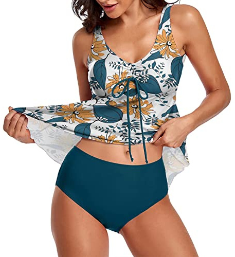 Windsfinr Tankini para mujer, traje de baño de dos piezas, push-up, acolchado, bañador de cintura alta, traje de baño deportivo con pantalones cortos, azul, L