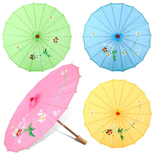 Dunzy 4 Pcs Chinese Japanese Oiled Paper Umbrellas 27 x 19 Inches Large Size Handmade Umbrellas Parasol Blossoms Paper Art Opera Decorations for Costumes Photography Cosplay Party Decoration Gifts