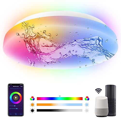 ANTELA Lámpara Techo LED Inteligente IP65 Resistente al Agua 20W/2200LM/ Compatible Con Google Home y Alexa, 16 Millones de Colores, RGB 2700K- 6500K, Solo 2.4GHz Wifi（Φ22cm