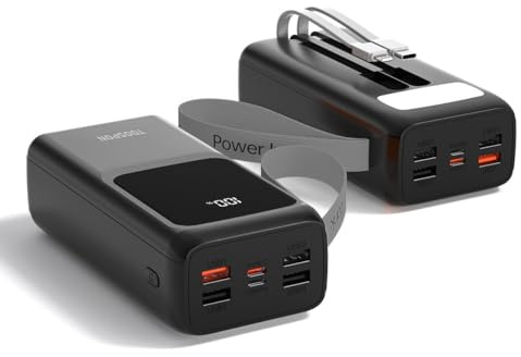 Powerbank 50000mAh mit integrierten Kabeln, 22,5W Powerbank PD USB C Schnellladefunktion Externe Akku mit LED-Display, 5 Ausgänge und 2 Eingänge, kompatibel mit iPhone, Tablets, iPad usw
