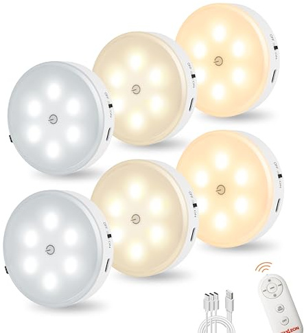 Schrankbeleuchtung Unterbauleuchte Küche mit fernbedienung,vitrinenbeleuchtung kabello,USB Wiederaufladbares,3Pack LED Beleuchtung mit Klebepads für Schlafzimmer (CCT-6PCS)