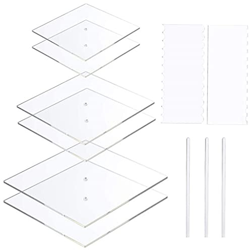 11 Pieces Acrylic Round/Square Cake Disk Set Circle Base Boards with Center Hole Pillar Comb Scrapers Dowel Rod Butter Cream Cake Decorating Tools Kitchen Supplies Acrylic Cake Disk Set