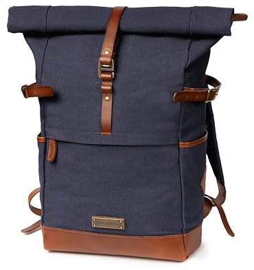 DRAKENSBERG Rolltop-Rucksack 'Wyatt' Herren, Damen, wasserabweisendes Canvas mit Leder, 16 Laptopfach, 20-30L - Marine-Blau, DR00286