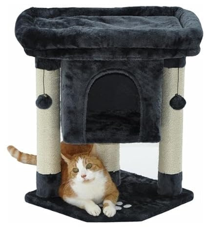 Katzen Kratzbaum Katzenbaum - mit großem XL Liegeplatz, Katzenhöhle - optimale Liegemulde Plattform für ältere Katzen mit wenig Sprungkraft und Katzen Neulinge - Höhe 61 cm - grau