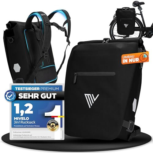 MIVELO 3in1 Fahrradtasche für Gepäckträger I Rucksack, Gepäckträgertasche hinten & Umhängetasche Fahrrad - In 15 Sekunden umgebaut I Bequemer Fahrradrucksack I 100% wasserdichte Tasche (Schwarz)