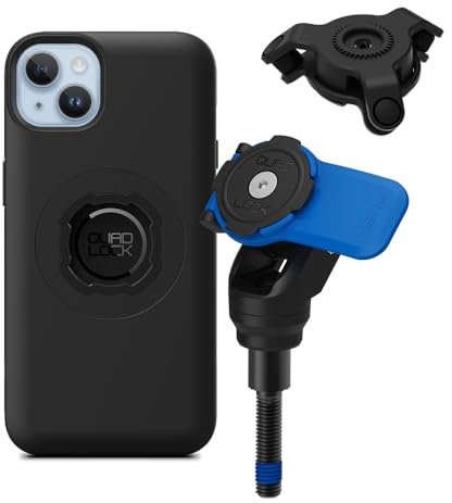 Quad Lock Motorcycle Handlebar Clamp Bolt Phone Mount Kit with Vibration Dampener and iPhone 14 Plus MAG Case