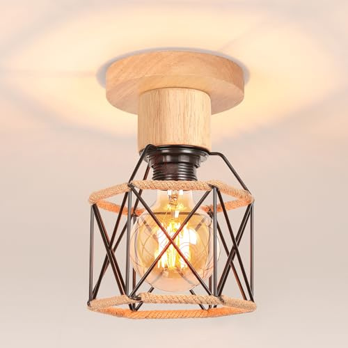 iDEGU 15cm Deckenleuchte Vintage, Industrial Pendelleuchte Holz und Metall Industrie Lampe Käfig Lampenschirm mit Hanfseil E27 Hängelampe Schwarz Deckenlampe für Flur, Schlafzimmer, Küche, Esszimmer