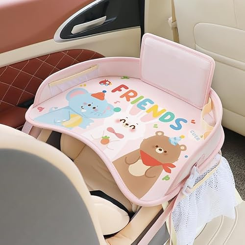 Erlsig Kinder-Reisetablett für Autositz, Aktivitäts- und Spieltablett, Organizer für Kinder und Kleinkinder, Schoßschreibtisch mit Tablet-Handyhalterung, wasserdicht und faltbar (Rosa Elefant Bär)