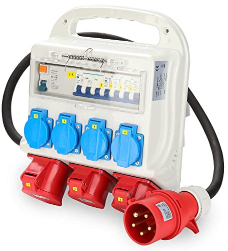Daromigo Interruttore di protezione FI, Distributore da parete 2 x CEE 400 V/16 A+4 x 230 V Schuko IP44 5 poli, Distributore di corrente con cavo, coperchi di sicurezza per cantieri