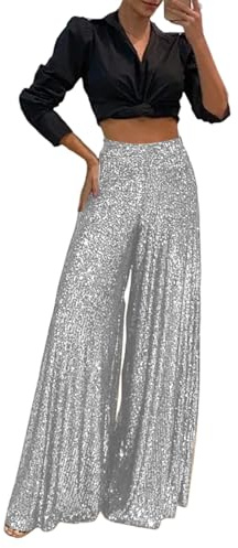 FUPODD Pailletten Hose Damen Weite Plissee Hose Glitzer High Waist Palazzo Hose Frauen Casual Marlenehose Locker Stoffhose Weitem Bein Freizeithose Elegant Culottes Hose Gummizug Lounge Hose Gerade
