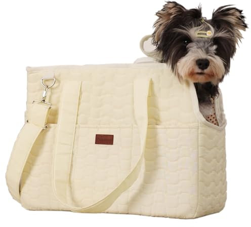 Patazone Kleine Hundetasche, Tragetasche für kleine Hunde, Erwachsene, Katzen, große Katzen, mit mehreren Taschen, atmungsaktives Netzgewebe, Reisetasche, Picknick, Outdoor, 6,8 kg, Beige 2, Größe L