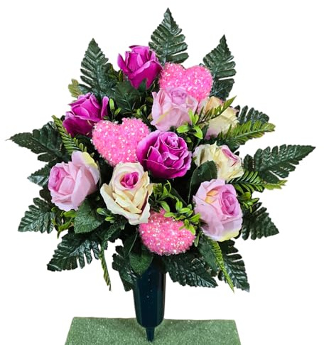 Beautiful Flowers for Valentine's Day Bouquet Memorial Cemetery Cone - Beauty Pink Roses for Grave with Shimmering Love Hearts - Artificial Grave Flowers