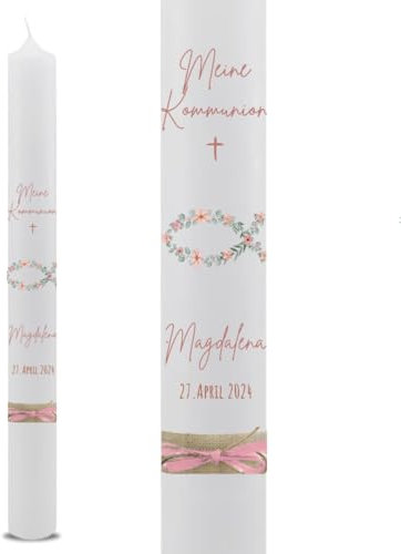 VILLA ROSA LOTTA – Personalisierbare Kommunionkerze Magdalena mit Wunschdaten und Rückseite | christliche Symbole | 40 cm x 4 cm | Fisch | Eualyptus | für Jungen und Mädchen