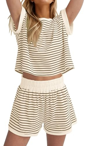 Famulily Women's Striped Pyjamas Set Summer Soft Loungewear Tops and Shorts Co ord Sets with Pockets
