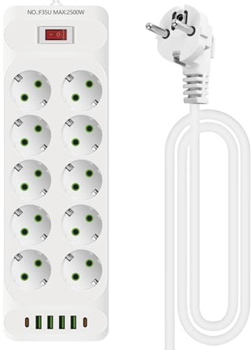 10-vägs Plattkontakt Grenuttag, USB Grenuttag med Överspänningsskydd med 10 AC Platt Stecker, 4 USB-laddare och 2 Typ-C Anslutningar Grenuttag med 2M Kabel Flera Uttag