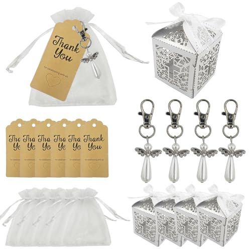 DUGYIRS 24 Sets Schutzengel Anhänger Gastgeschenke Taufe,Gastgeschenke Hochzeit Inklusive Schlüsselanhänger,Organzasäckchen,Dankeschön-Tags, für Geschenkpackung