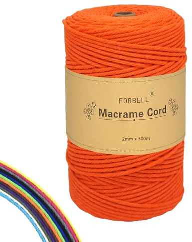 Forbell Makramégarn, 2 mm x 300 m, högkvalitativt bomullsgarn, för gör-det-själv-hantverk (Orange, 2 mm x 300 m)