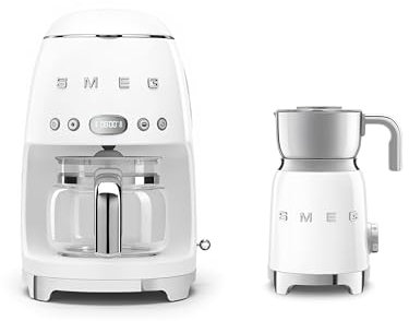 Smeg EEJB299 Retro Kitchen Set, 1.4L Drip Coffee Machine and Induction Milk Frother, DCF02WHUK + MFF11WHUK, White