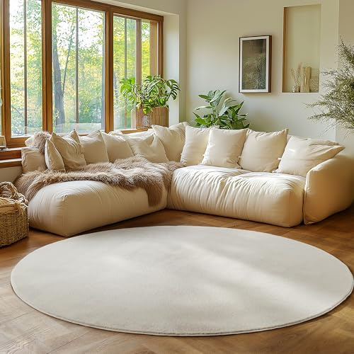 SIMPEX Runder Teppich Creme 80 cm Waschbarer Kurzflor Teppich, rund, rutschfest & weich, modernes einfarbiges Design für Wohnzimmer, Schlafzimmer, Küche & Kinderzimmer.