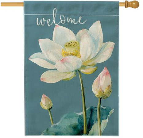Bandera de jardín de bienvenida con flores de lirio de agua, pancarta de decoración de primavera azul claro, decoración floral de césped de doble cara para el hogar, jardín y fiesta, 28 x 40 pulgadas