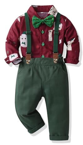 Yoolhamy Baby pojkar juloutfit småbarn gentleman kostym barn julkläder skjorta hängslen byxor fluga för 9M-6 år, Julrött, 5-6 år