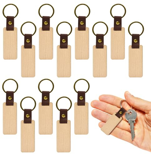 FuxFuis 20 PCS Porte Clés en Bois Rectangulaire, Porte Clé Personnalisé Portes Clef Bois Cuir avec Anneaux Portes Clef bois à Graver pour Bricolage, Artisanat, Décoration