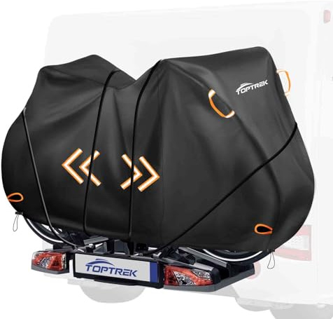 toptrek Fahrradschutzhülle Fahrradträger Reißfeste mit 6m Sicherheitsseil, Fahrradabdeckung Heckträger 600D Oxford-Gewebe, Fahrradgarage fahrradträger e-bike für anhängerkupplung 2 fahrräder