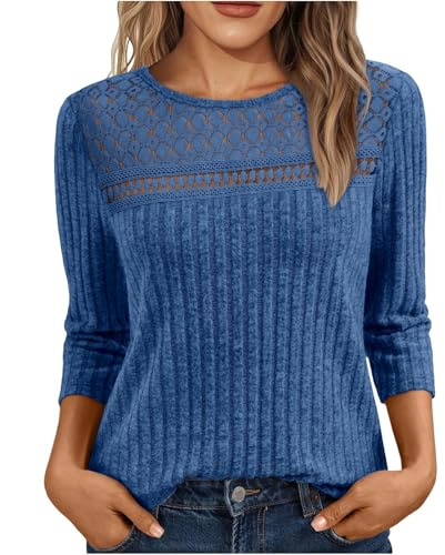 Women's Jumpers 3/4 Sleeve Crew Neck Sweatshirts Knit Jumper Lightweight Soft Casual Loose Fit Sweater Fleece Winter Warm Blouses Solid Color Tunic Shirt Fall Oversized Loose Tops Size S-XXL Blue