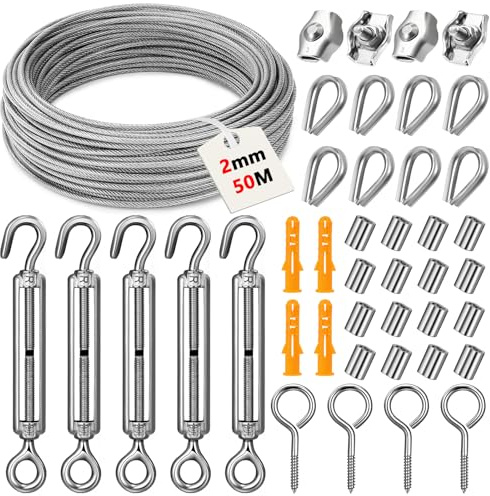 Acsatont 50M Fune Acciaio PVC Rivestito, Tenditore Acciaio e Morsetti per Filo Stendibiancheria, 304 Cavo Corda in Acciaio Inossidabile, per Stendibiancheria, Appendere Lamp