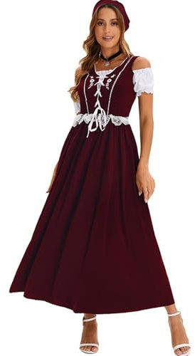 Generisch Trachtenmode Dirndl Damen Midi Set 3-Teilig Trachtenrock Trachtenkleid Besondere Anlässe Kleid Inkl. Dirndlbluse & Dirndlschürze 3-Teilig Für Oktoberfest Weinrot XL