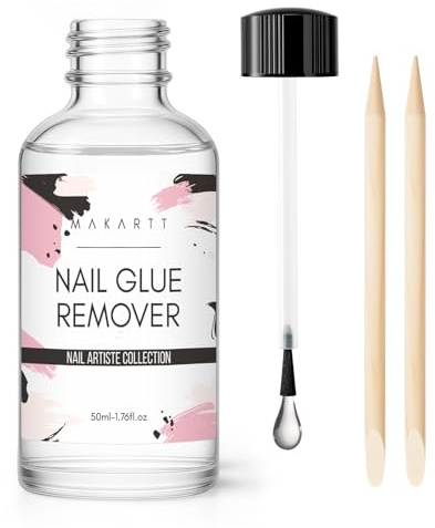 Makartt Nail Glue Remover for Press on Nails: 50ml Professional False Nail & Nail Tips Adhesive Remover, 5S Quick Glues & Semi-Cured Sticker Brush On Nail Remover with 2 Wooden Sticks for DIY Manicure