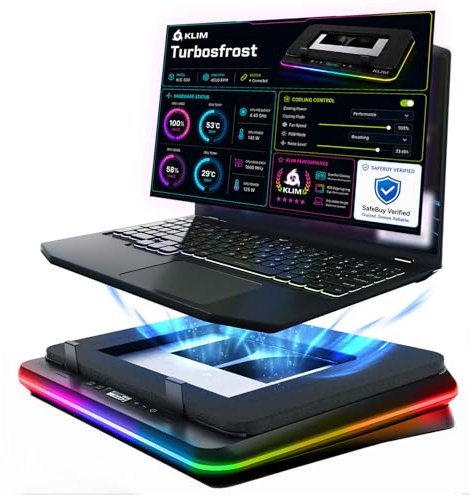KLIM Turbofrost Gaming Laptop Cooling Pad - 4 Powerful Turbo Fans - 4 x 4000 RPM, Laptop Cooler 2 Power Modes USB-C/DC, Dynamic RGB, 4-Ports USB, Sealed Foam for Fast Cooling - Up to 17in - Grey Space