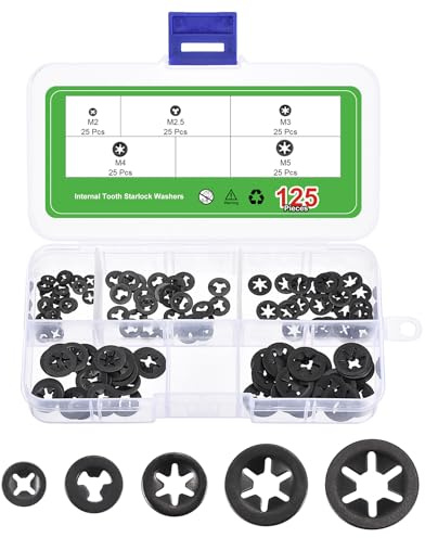QUARKZMAN 125Pcs Juego Arandelas Con Dientes Internos, Arandelas Bloqueo Dientes 65Mn Alta Velocidad Para Tuerca Y Fijador, 5 Tamaños, Negro