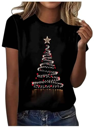 Christmas T-Shirts for Women - UK Ladies Snowflake Print Short Sleeves Casual Tunic Tops Loose Crew Neck Xmas Tree Snowflake Print Cute Blouse Graphic Tees Black