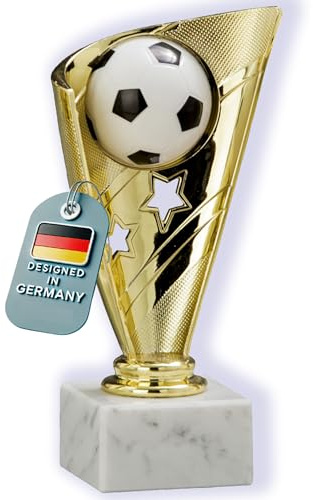 Larius Fußball Pokal in Gold (16 cm, 320 g) | Fußballpokal mit optionaler Wunschgravur – inkl. Marmorsockel – Kinder & Erwachsene - S1 (ohne Wunschtext, M)